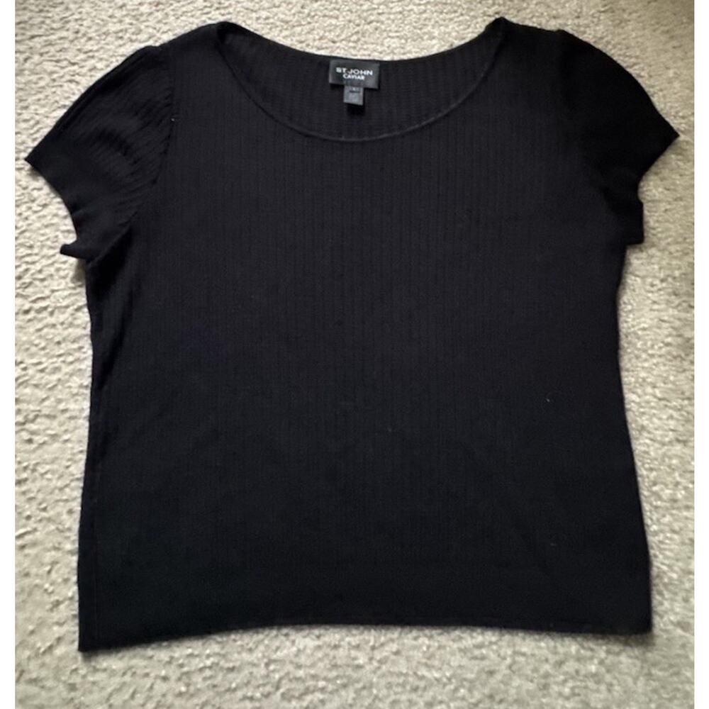 St. John Caviar Black Knit Cashmere Blend Short Sleeve Sweater Top Large L